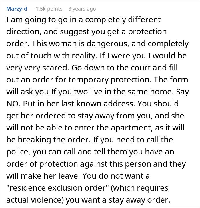 Comment advising to get a protection order against a dangerous friend who breaks in and plants belongings to prove residence.