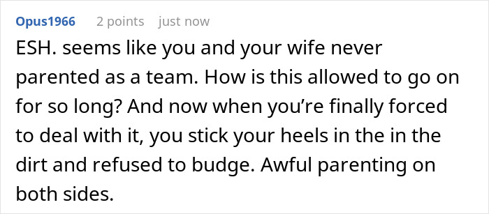 Screenshot of a Reddit comment discussing refusal to let wife&rsquo;s daughter live with his kids and marriage issues.