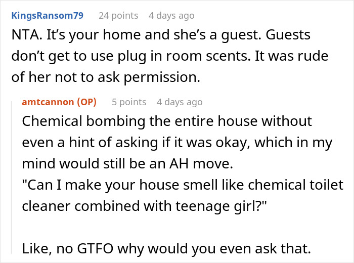 Screenshot of an online discussion about a guest flooding a family home with nasty scents without permission.