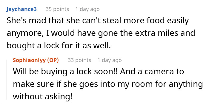 Online conversation about leftover pasta theft leads to plans of buying lock and camera for security.