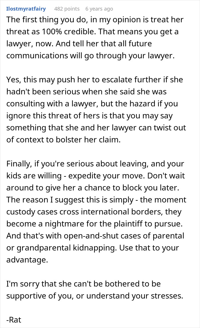 Text advice on handling a legal dispute involving a widow wanting to move back to her home country with her kids.