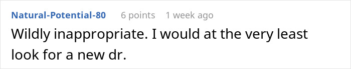 Screenshot of an online comment expressing frustration about a psychiatrist’s unhinged request baffling a woman. Screenshot of an online comment expressing frustration about a psychiatrist’s unhinged request baffling a woman.