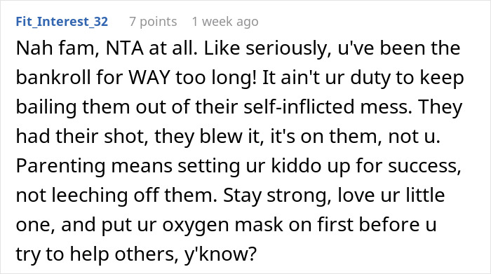 Comment discussing elderly parents expecting daughter support after squandering savings on bad business schemes and financial responsibility. Comment discussing elderly parents expecting daughter support after squandering savings on bad business schemes and financial responsibility.
