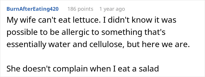 Screenshot of a Reddit comment discussing an allergy, related to a man upset his girlfriend bought peanut butter cake.