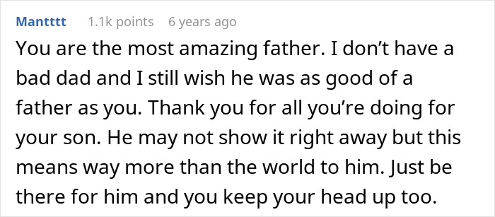 Comment praising dad for standing by gay son, showing support and love despite difficult family conflict.