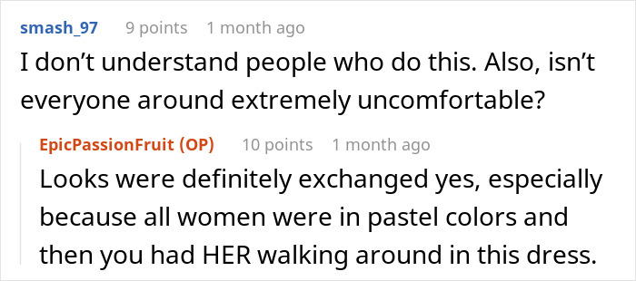 Screenshot of online comments discussing a groom's brother's girlfriend wearing a sage green dress mistaken for a white wedding dress.