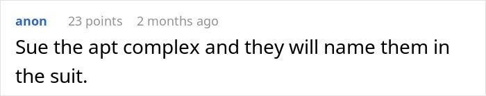Text comment on a social media post discussing suing an apartment complex related to influencer neighbors who put a woman in the hospital. Text comment on a social media post discussing suing an apartment complex related to influencer neighbors who put a woman in the hospital.