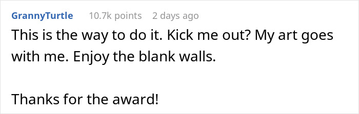 Comment about art and blank walls, expressing refusal to leave and gratitude for an award in an online discussion.