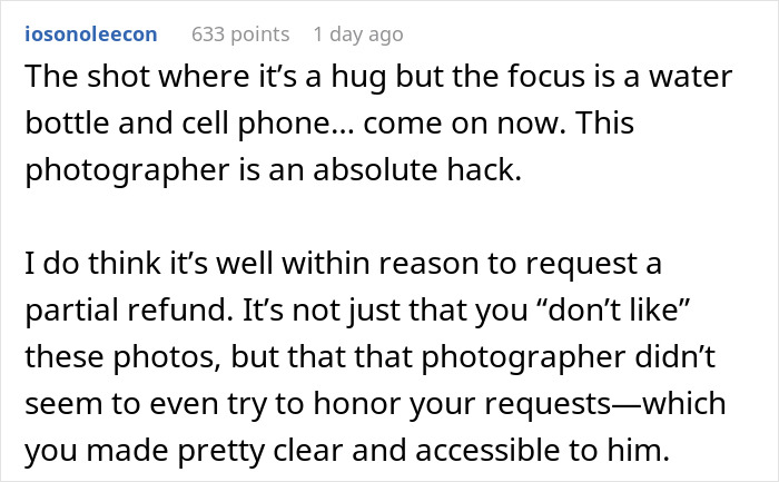 Screenshot of a Reddit comment criticizing a $3K wedding photographer for poor focus and service.