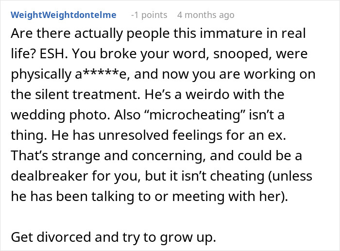 Comment discussing divorce due to unresolved feelings for husband's ex and concerns about emotional boundaries. Comment discussing divorce due to unresolved feelings for husband's ex and concerns about emotional boundaries.