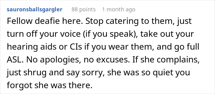 Commenter shares advice on interacting with deaf people, emphasizing turning off voice and using full ASL communication.