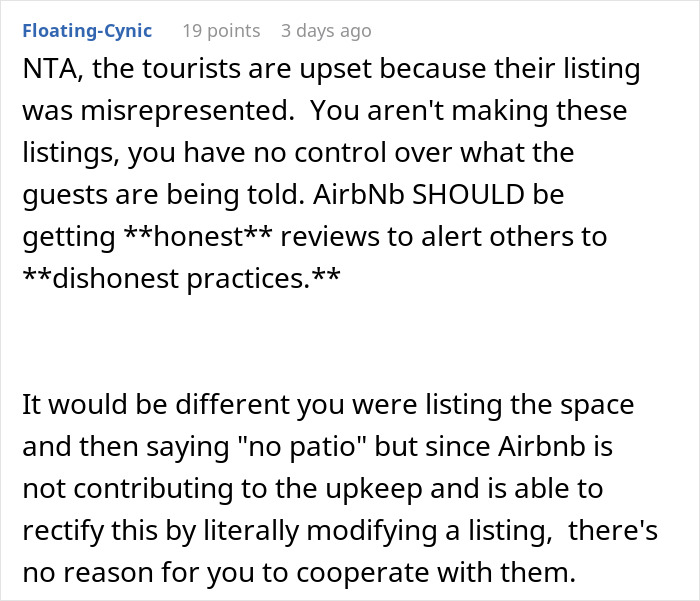 Comment discussing Airbnb host upstairs accusing neighbor of discrimination for refusing tourists patio access.
