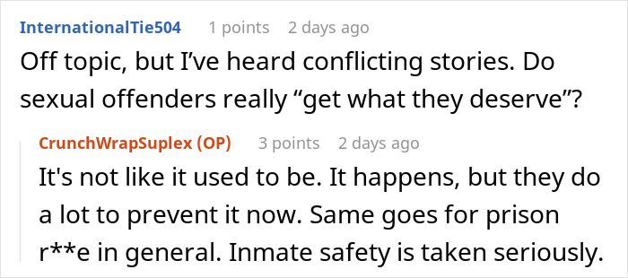 Reddit user discussing prison officer insights on inmate safety and doubts about Epstein&rsquo;s death narrative in a comment thread.