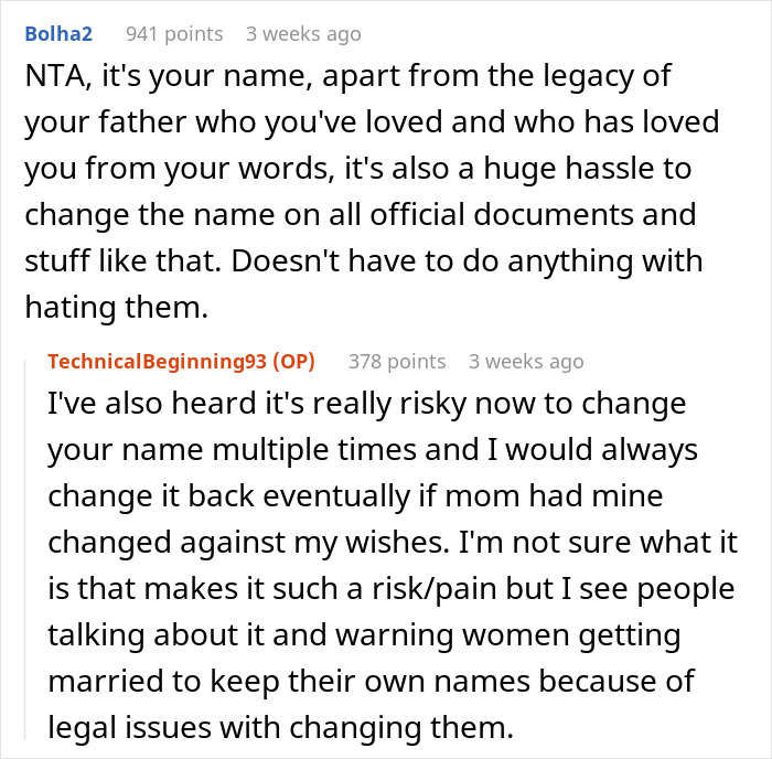 Reddit discussion about a teen wanting to keep late father's last name while mother is upset over legal risks.