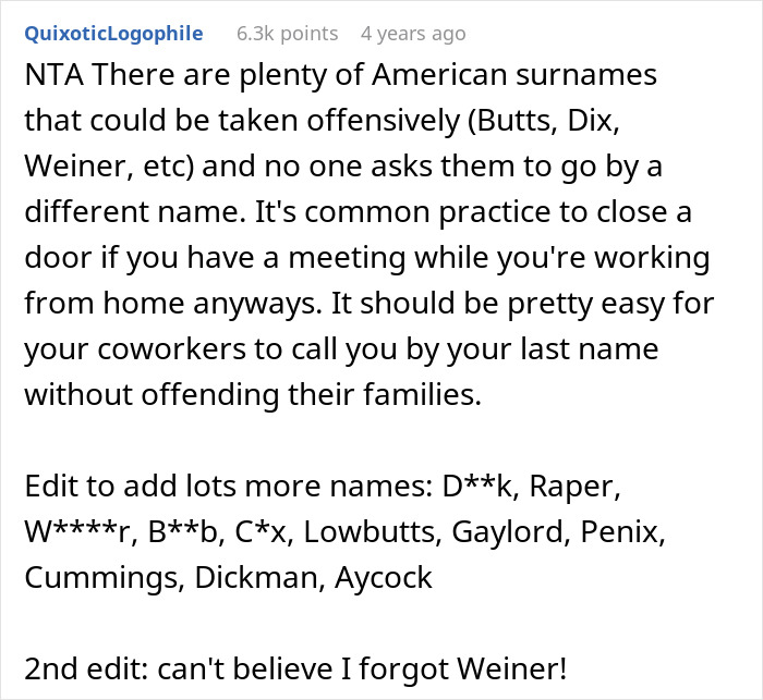 Reddit comment discussing refusal to change surname for American coworkers despite offensive American surnames. - 21