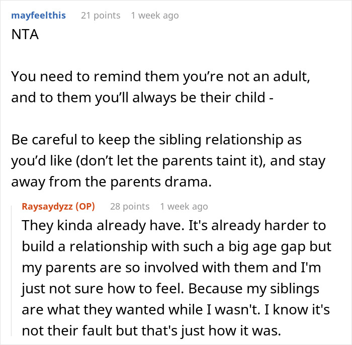 Reddit conversation discussing parents obsessed with having kids forcing older son to babysit siblings and sibling relationship challenges.