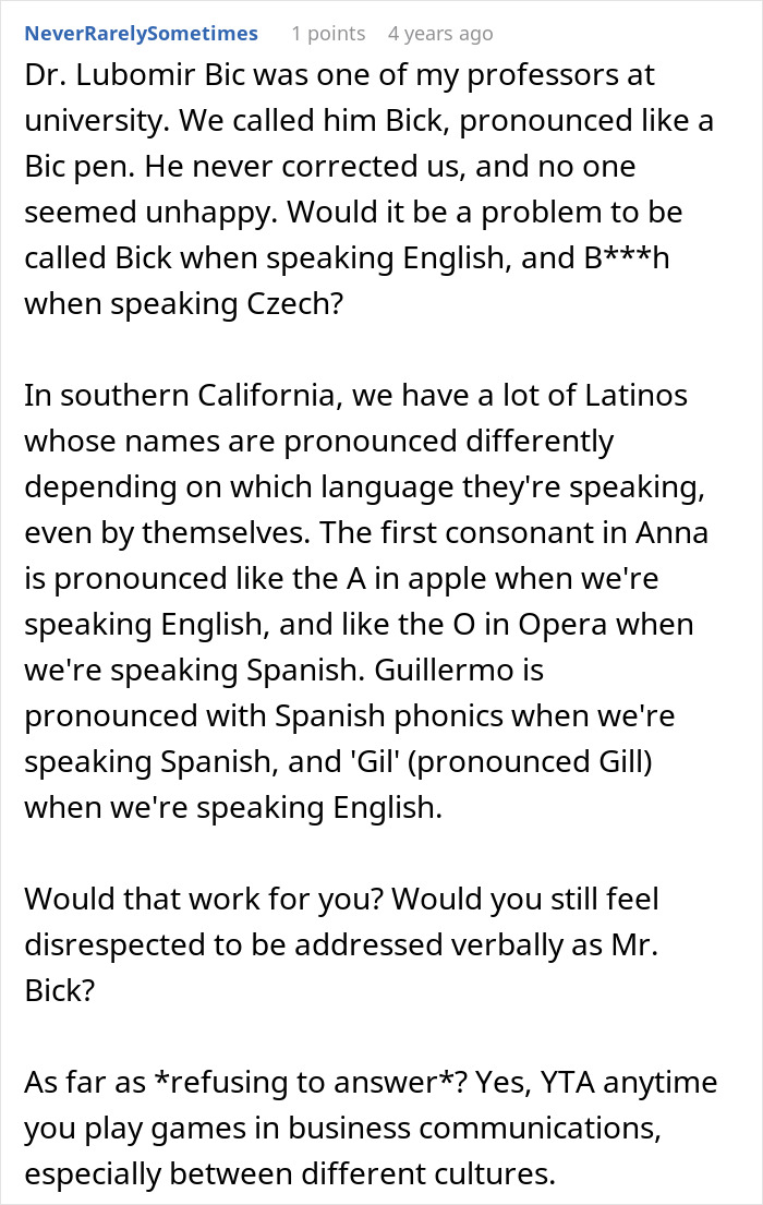 Text post discussing name pronunciation differences and a man refusing to change his surname for American coworkers. - 39