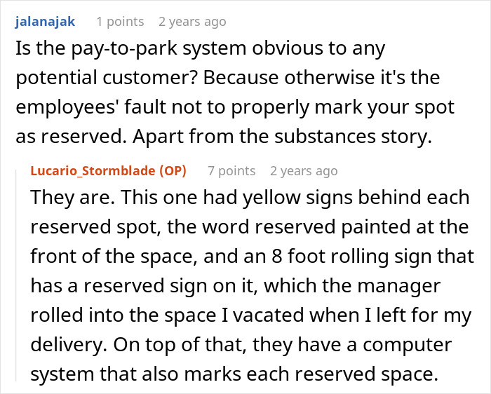 Reddit conversation discussing pay-to-park system and reserved spots related to illegal parking and workplace issues.