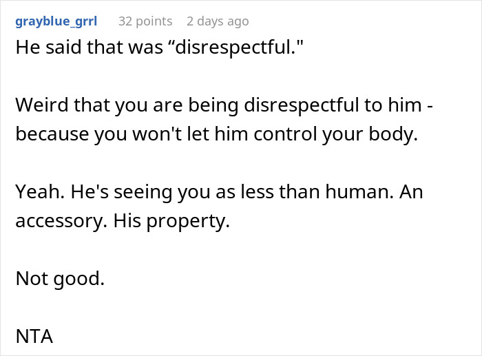 Comment explaining a man feels hurt trying to control wife’s body decisions as she asserts her autonomy online. Comment explaining a man feels hurt trying to control wife’s body decisions as she asserts her autonomy online.