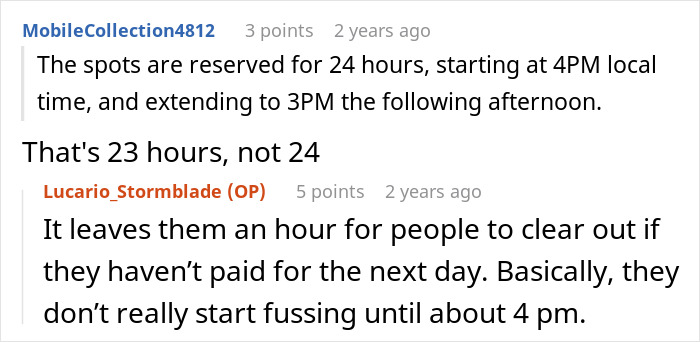 Screenshot of a Reddit conversation discussing parking spot reservations and clearing times related to work truck use.