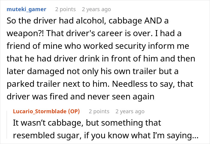 Alt text: Screenshot of a discussion about a guy parking illegally and drinking in a work truck, leading to his firing and unemployment.