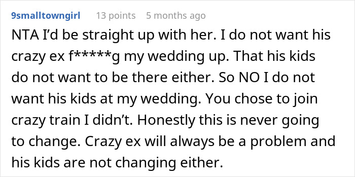 Comment about bil’s nightmare ex ruining family events and wedding plans to avoid her disruption. - 28