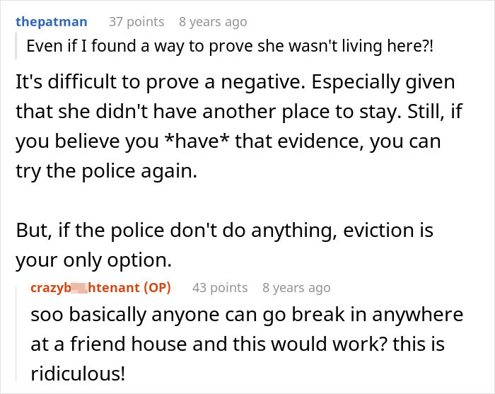 Screenshot of a Reddit conversation discussing a friend breaking into a house and planting belongings to prove residency.