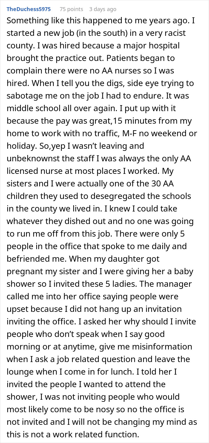 Screenshot of a Reddit comment about a person reported to HR for not inviting a coworker to a personal event.