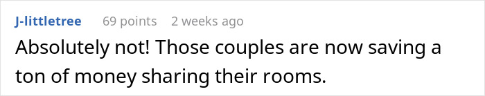 Text comment on a discussion board about roommates and private bathroom use, mentioning couples saving money by sharing rooms. Text comment on a discussion board about roommates and private bathroom use, mentioning couples saving money by sharing rooms.