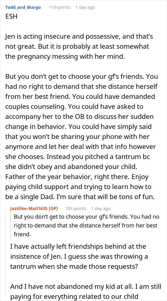Reddit discussion about man giving pregnant girlfriend an ultimatum due to her insecurities and relationship struggles.