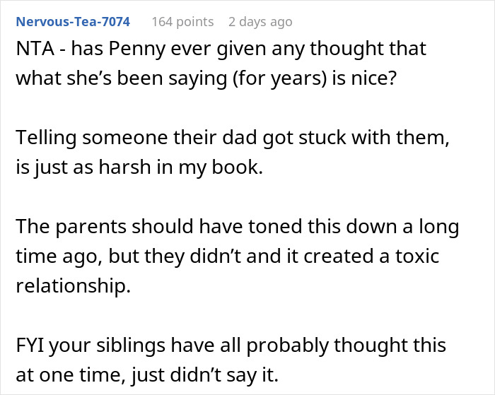 Screenshot of an online discussion about adopted siblings and a longstanding chosen one joke backfiring in a family conflict. Screenshot of an online discussion about adopted siblings and a longstanding chosen one joke backfiring in a family conflict.