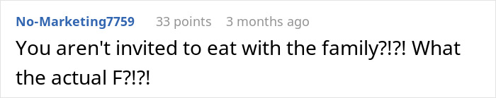 Text comment criticizing an American family restricting food access of their 19-year-old nanny from abroad.