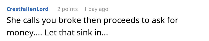 Comment on social media showing frustration as woman can&rsquo;t use friend&rsquo;s boyfriend as an ATM due to being called broke repeatedly.