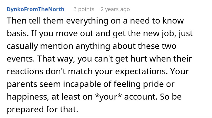 Screenshot of a user comment advising how a graduate feels crushed after mom expresses disbelief and lack of pride.