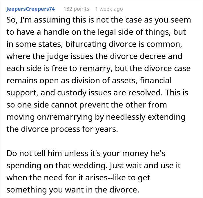 Comment explaining the legal difference between separation and divorce, advising caution in discussing with husband.