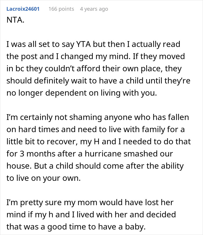Screenshot of a Reddit comment discussing parents forbidding a baby under their roof and its impact on relationships.