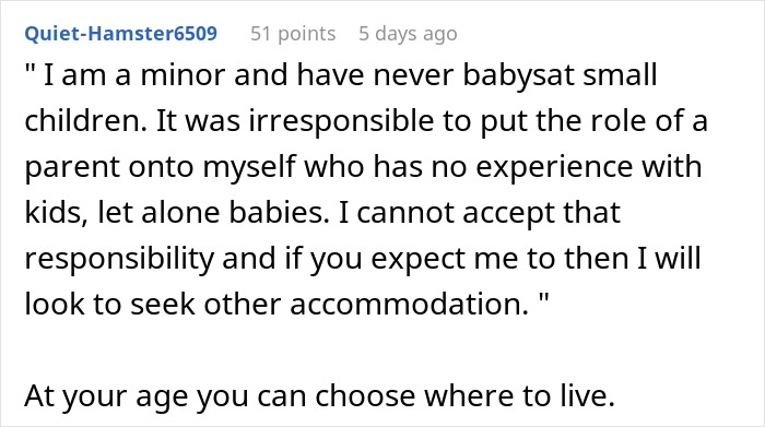 Screenshot of a Reddit comment where a teen refuses babysitting responsibilities demanded by their dad.