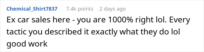 Screenshot of a forum comment mentioning ex car sales experience agreeing with described sales tactics.