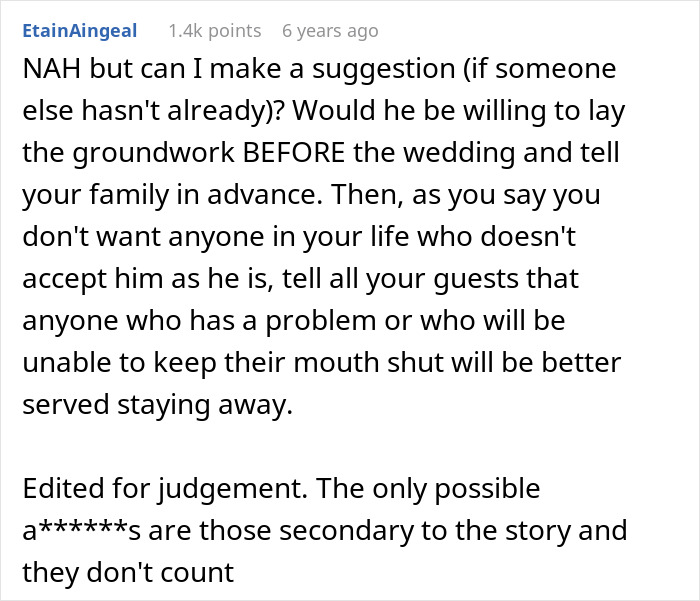 Comment suggesting negotiation about gay brother coming out and family acceptance before wedding event. Comment suggesting negotiation about gay brother coming out and family acceptance before wedding event.