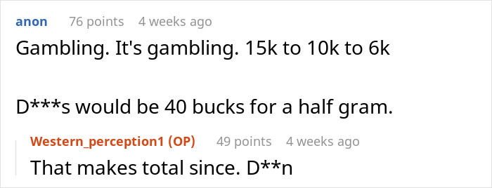 Screenshot of an online conversation showing users discussing gambling losses and drug prices in a casual forum. Screenshot of an online conversation showing users discussing gambling losses and drug prices in a casual forum.