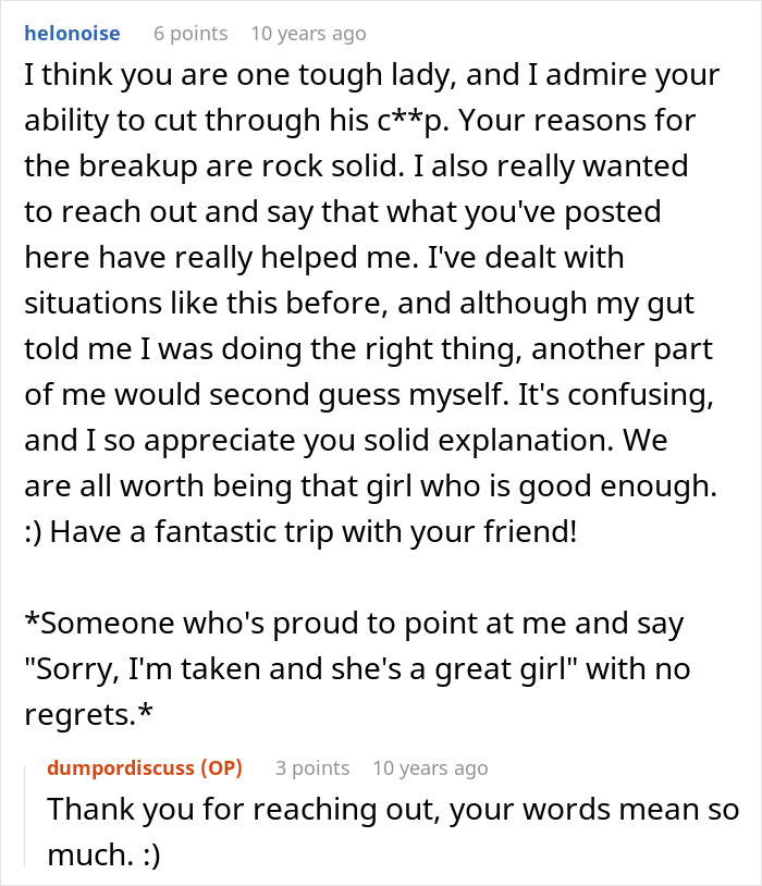 Screenshot of a heartfelt online comment discussing relationship struggles and appreciating solid explanations.