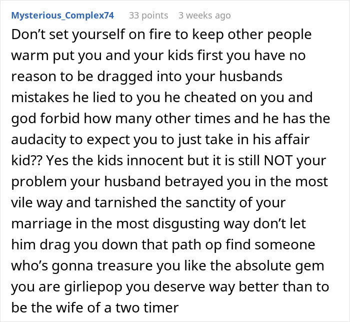 Comment discussing husband hiding affair for 9 years and dealing with betrayal, secret child, and new family dynamics. Comment discussing husband hiding affair for 9 years and dealing with betrayal, secret child, and new family dynamics.