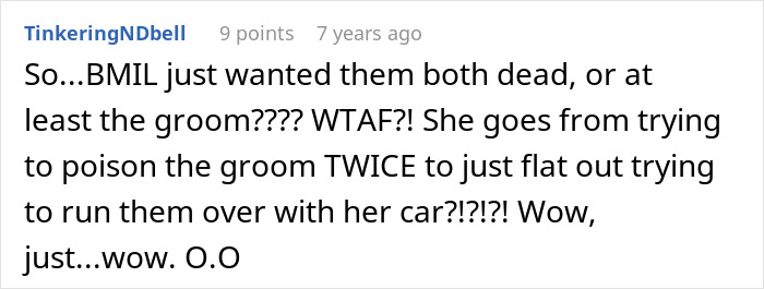 Comment about bride&rsquo;s mother attempting to harm groom, highlighting chaos and crime at wedding scene.