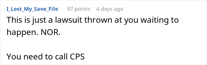 Screenshot of an online comment advising a woman who caught her neighbor&rsquo;s son in her home to call CPS immediately.