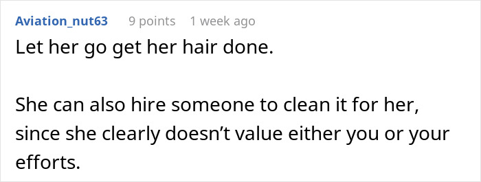 Commenter responding to MIL skipping sewage disaster at home for salon appointment, advising to let her get hair done.