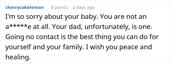 Reddit comment expressing sympathy for woman appalled by dad’s reaction to her giving birth to his dead grandchild. Reddit comment expressing sympathy for woman appalled by dad’s reaction to her giving birth to his dead grandchild.
