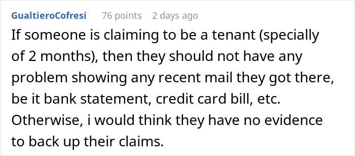 Comment discussing proof of tenancy through documents like mail, bank statements, and credit card bills to verify claims.