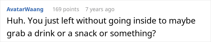 Comment text from user AvatarWaang questioning why someone left without getting a drink or snack, relating to lady in brand new Lexus skipping air pump line. - 30