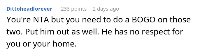 Screenshot of a Reddit comment criticizing a houseguest for disrespect and unpaid rent, discussing cleaning up parties. Screenshot of a Reddit comment criticizing a houseguest for disrespect and unpaid rent, discussing cleaning up parties.