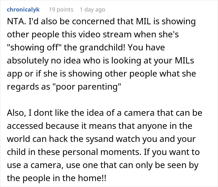 Comment discussing concerns about MIL spying via baby cam and the importance of restricting camera access for privacy.